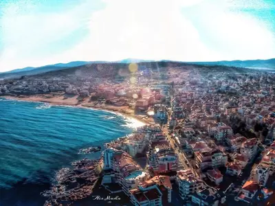 an aerial view of a beach with a city at Sozopol Dreams apartman 35 in Sozopol