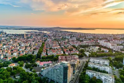an aerial view of a city at sunset at Marina Sands Bijou Boutique - excellent choice for travelers visiting Obzor 2-4p in Obzor