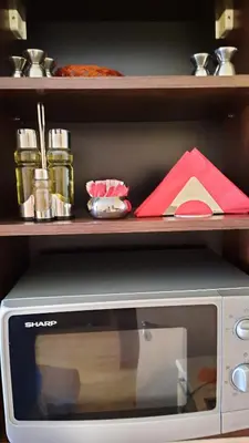 a shelf with a microwave on top at Obzor Beach Resort Apartment G-109 in Obzor