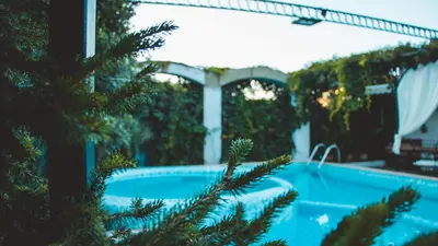 a swimming pool with a christmas tree in the foreground at Boryana Hotel in Burgas City