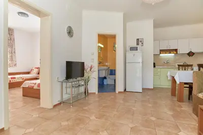 a kitchen and a living room with a television and a table at BulgariaVilla - Green Life Villas in Bryastovets