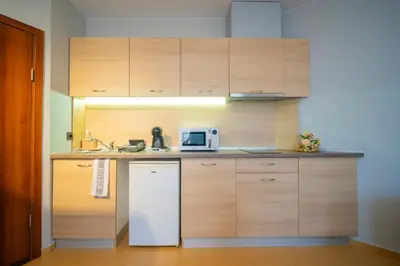 a kitchen with wooden cabinets and a microwave on a counter at Via Pontica 123 Guest Apartments in Sozopol