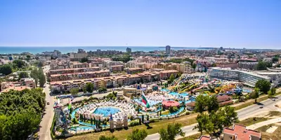 an aerial view of a water park in a city at Aqua Nevis Hotel & Aqua Park - All Inclusive in Sunny Beach