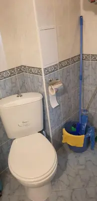 a bathroom with a white toilet and mop at Apartmán Alex beach s nádherným panoramatickým výhledem na moře in Sveti Vlas