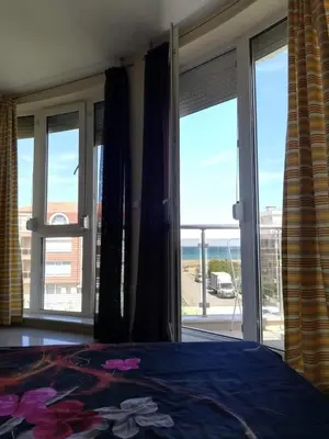 a bedroom with a bed and a view of the ocean at Студио in Lozenets