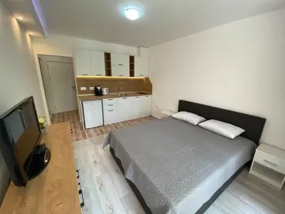 a bedroom with a large bed and a television at Студио Симона 3 - първа линия море in Lozenets