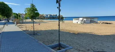 a sandy beach with two trees in the sand at Менада Хоризонт Апартаменти in Sozopol