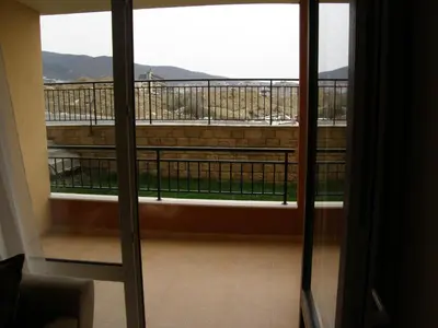 a room with a view of a balcony at Magic Dreams Apart Complex Studio Sveti Vlas in Sveti Vlas