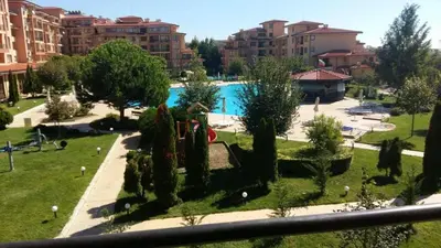 a view of a park with a swimming pool at Magic Dreams Apart Complex Studio Sveti Vlas in Sveti Vlas