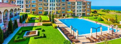 an aerial view of a resort with a swimming pool at Captain's Island Deluxe in Chernomorets
