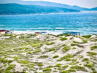 a beach with grass and a body of water at Private apartments Stamopolu lux in Primorsko