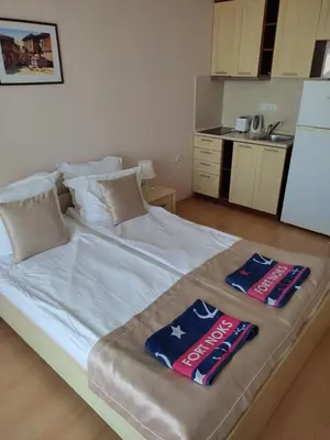 a large white bed with two pillows on top of it at Prestige Fort Beach Private Apartment-Studio 46 in Sveti Vlas