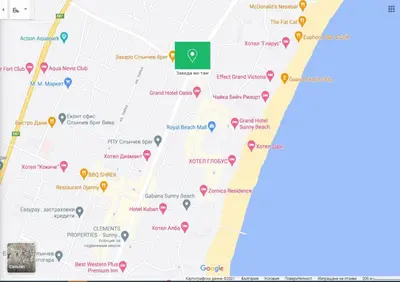 a map of google maps with a green at Апартамент FLAME in Sunny Beach