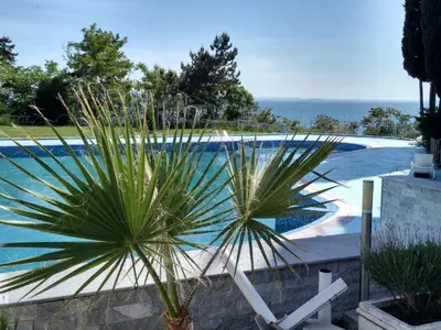 a palm tree in front of a swimming pool at The Blue Studio - In a complex next to the beach by Flаt Manаger in Pomorie