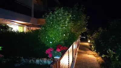 a fence with pink flowers on it at night at Byala-apartment-valmira in Byala