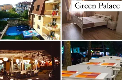 a collage of four pictures of a green palace at Lotos Apartments in Kiten