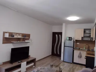 a living room with a television and a kitchen at Апартамент на къмпинг Градина in Chernomorets