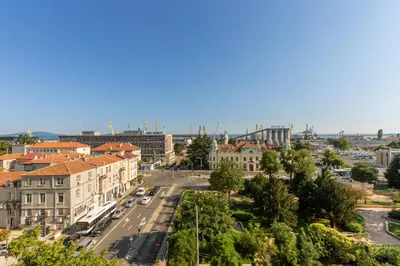 an aerial view of a city with buildings at Seaman's house in Burgas City