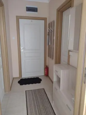 a black cat laying on the floor next to a door at Messembria Resort in Sunny Beach