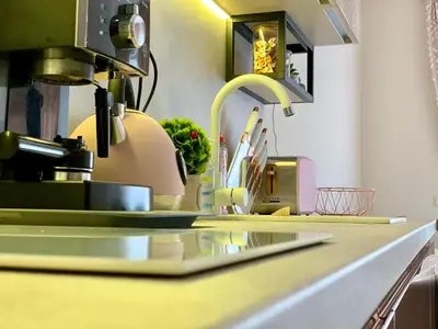 a kitchen counter top with a sink and a sink at Beige-a-view, Sea Dreams in Sveti Vlas