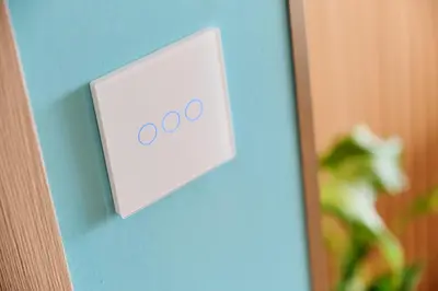 a lightswitch on a blue wall next to a plant at Beachfront Smart Homes by Marty's in Sunny Beach