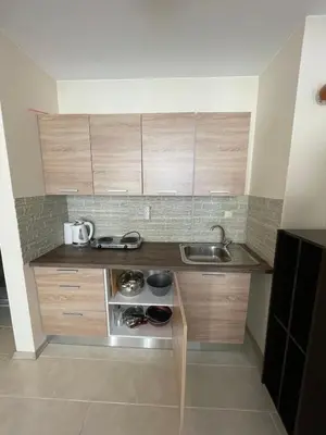 a small kitchen with wooden cabinets and a sink at Rich-2 SP apartments in Ravda