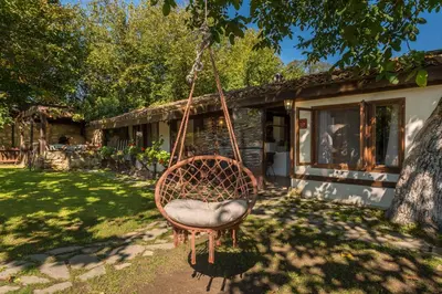 a swing hanging from a tree in front of a house at Villa Viara in Pchelnik