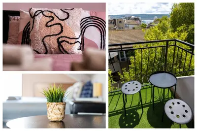 a collage of pictures of a balcony with a couch and a table at Quiet Maisonette \u30e1 Free Parking in Varna City