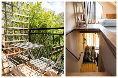 a room with a table and a chair on a balcony at Quiet Maisonette \u30e1 Free Parking in Varna City