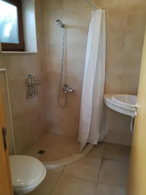 a bathroom with a shower and a toilet and a sink at Fantastic family villa with sea view in Byala