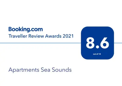 a picture of a blue square with the number eight at Apartments Sea Sounds in Pomorie