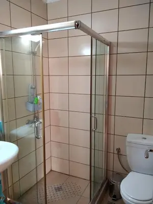 a bathroom with a shower and a toilet at Victoria's apartments Nesebar in Nesebar