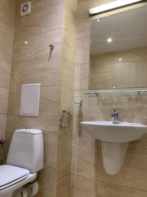 a bathroom with a white toilet and a sink at Sea Dreams Apartment in Sveti Vlas