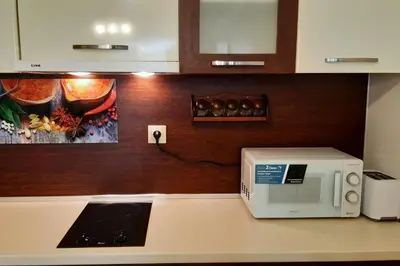 a microwave sitting on top of a kitchen counter at Апартамент Адикт in Sozopol