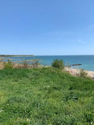 a grassy hill with a beach and the ocean at CASA VISTA in Burgas City