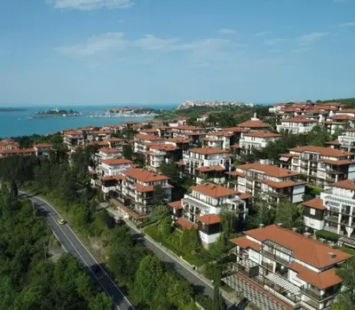 an aerial view of a city with houses and a road at Lilia Sun Apartment in Sozopol