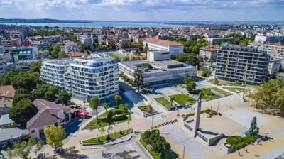 an aerial view of a city with buildings at Felicity Super Central Apartment in Burgas City