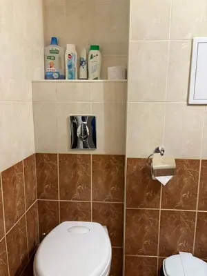 a bathroom with a toilet and some bottles of cleaner at Студио Бургас 2 in Burgas City