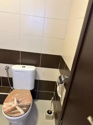 a bathroom with a toilet with a starfish on the seat at Sun Gates Byala in Byala