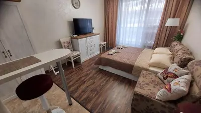 a small living room with a bed and a couch at Студио Прованс Лариса in Pomorie