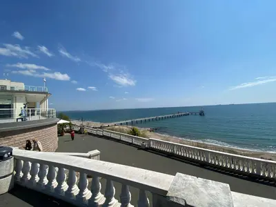 a view of the ocean and a pier at Markoni 5 in Burgas City