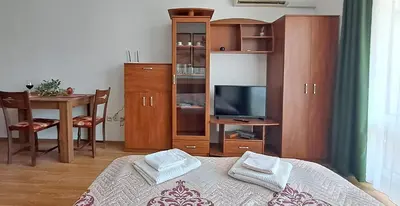 a bedroom with a bed and a tv and a table at Александър Студио in Sveti Vlas