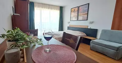 a living room with a table with a wine glass on it at Александър Студио in Sveti Vlas