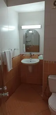 a bathroom with a sink and a toilet and a mirror at Sozopol Bulgaria VIP zona in Sozopol