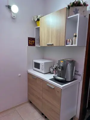 a kitchen with a counter with a microwave on it at Guest house “Poli” in Nesebar