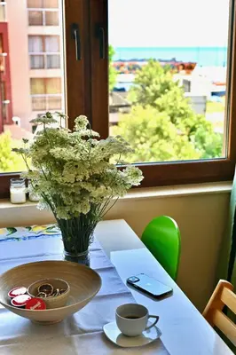 a table with a vase of flowers on a table with a window at Апартамент Limoncini in Sozopol
