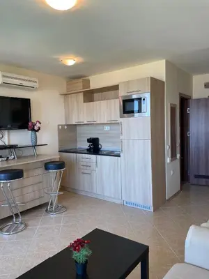 a kitchen and living room with a couch and a table at Nieli-1 SP apartments in Byala