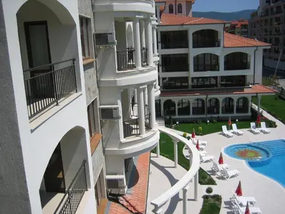 an aerial view of a building with a swimming pool at Chateau Del Mar Holiday Apartments in Sunny Beach