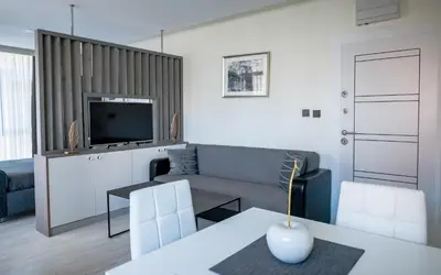 a living room with a couch and a tv at ADIRAMAR Apartments in Obzor