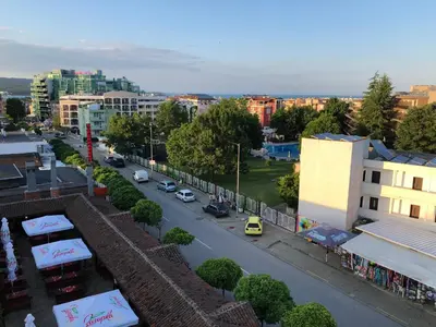 an aerial view of a city street with buildings at Studio N in Primorsko